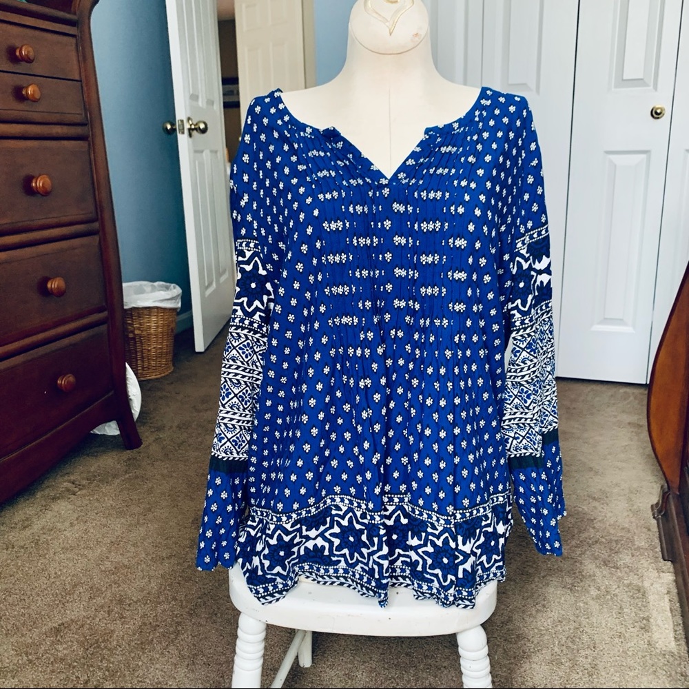LUCKY BRAND ROYAL BLUE BOHO BLOUSE RAYON LARGE